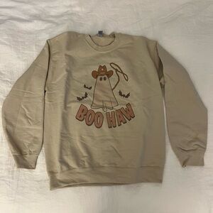 GILDAN Boo Haw Ghost Printed Crewneck Sweatshirt Tan Medium